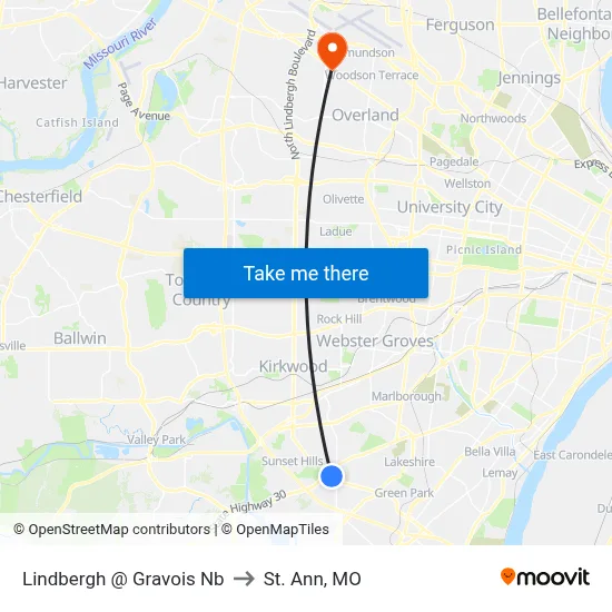 Lindbergh @ Gravois Nb to St. Ann, MO map