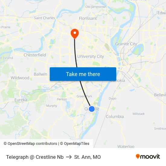 Telegraph @ Crestline Nb to St. Ann, MO map