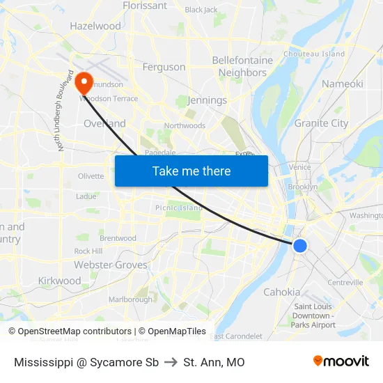 Mississippi @ Sycamore Sb to St. Ann, MO map