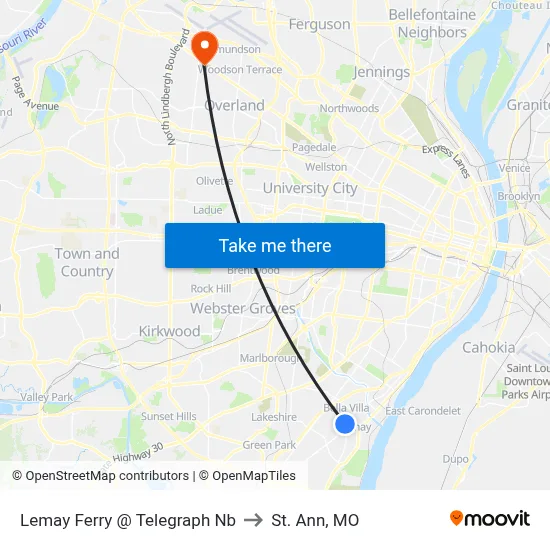 Lemay Ferry @ Telegraph Nb to St. Ann, MO map