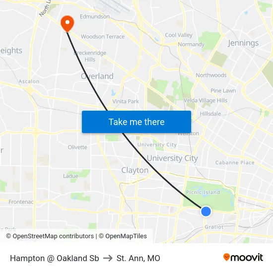 Hampton @ Oakland Sb to St. Ann, MO map