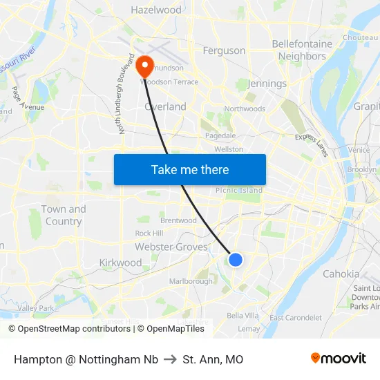 Hampton @ Nottingham Nb to St. Ann, MO map