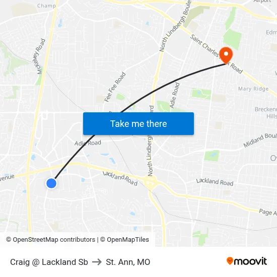 Craig @ Lackland Sb to St. Ann, MO map