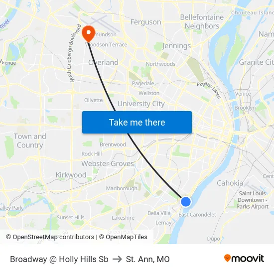 Broadway @ Holly Hills Sb to St. Ann, MO map