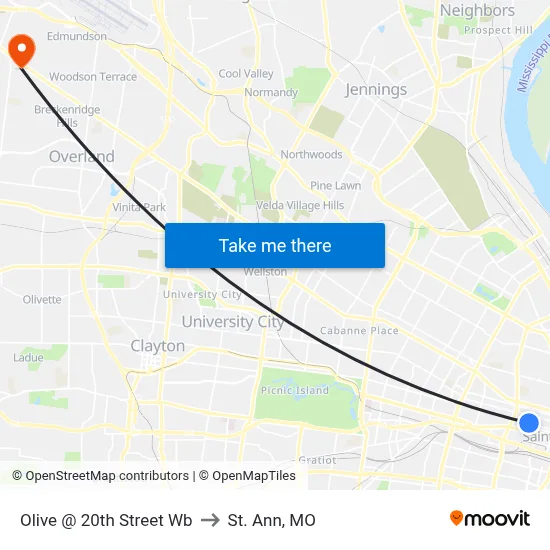 Olive @ 20th Street Wb to St. Ann, MO map
