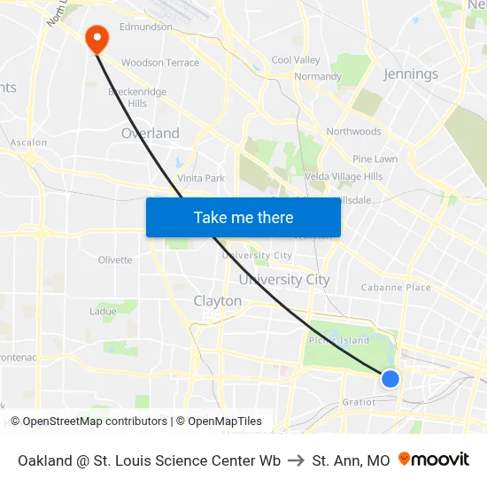Oakland @ St. Louis Science Center Wb to St. Ann, MO map