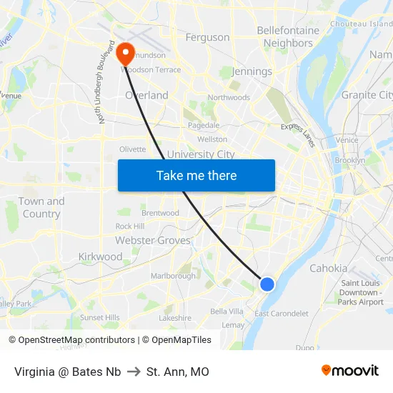 Virginia @ Bates Nb to St. Ann, MO map