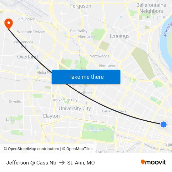 Jefferson @ Cass Nb to St. Ann, MO map