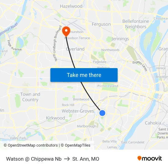 Watson @ Chippewa Nb to St. Ann, MO map