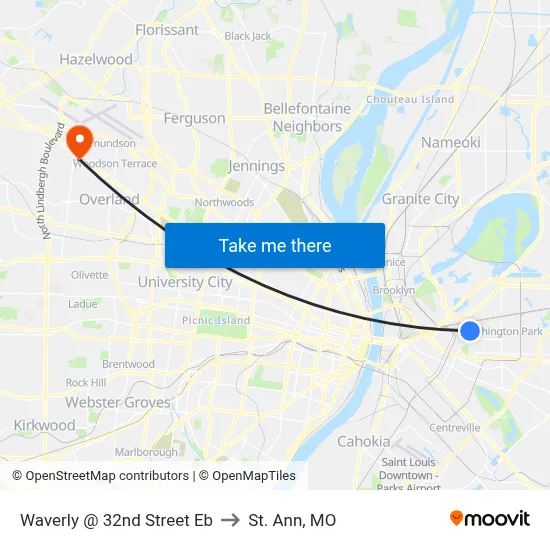 Waverly @ 32nd Street Eb to St. Ann, MO map