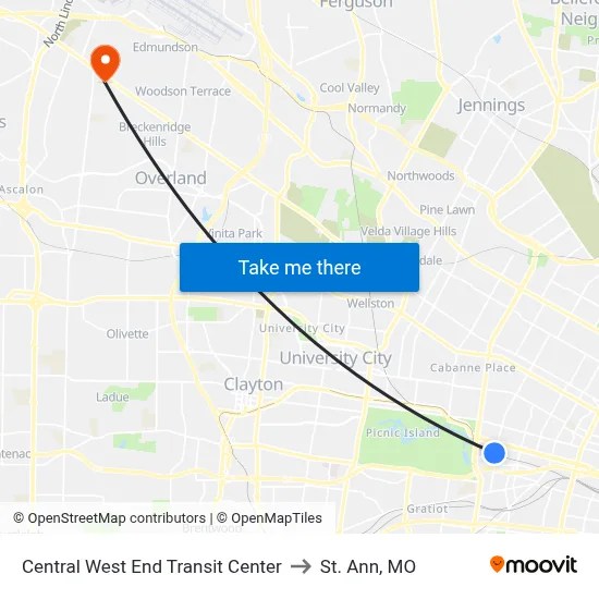 Central West End Transit Center to St. Ann, MO map
