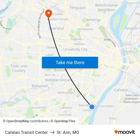 Catalan Transit Center to St. Ann, MO map