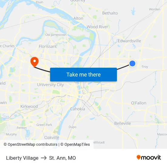 Liberty Village to St. Ann, MO map