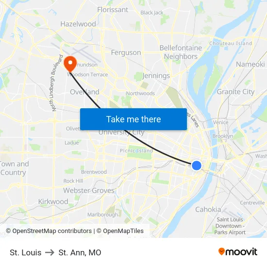 St. Louis to St. Ann, MO map