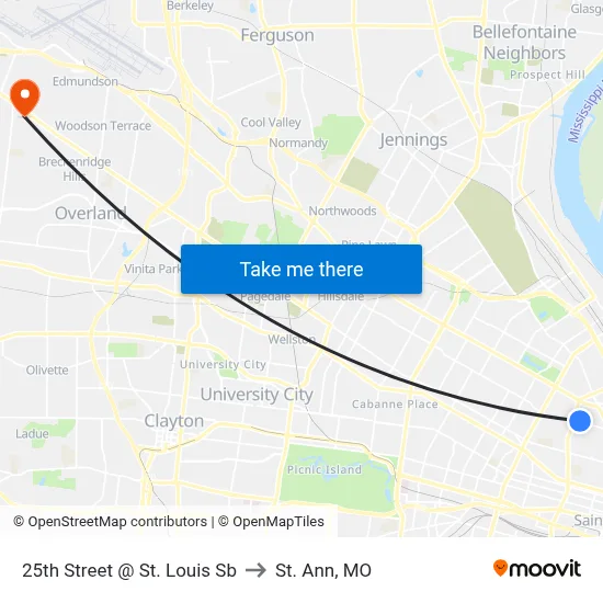 25th Street @ St. Louis Sb to St. Ann, MO map