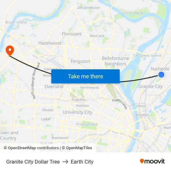 Granite City Dollar Tree to Earth City map