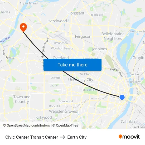 Civic Center Transit Center to Earth City map