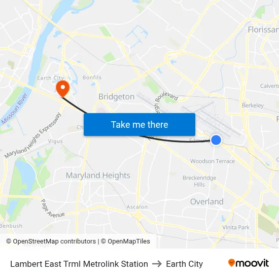 Lambert East Trml Metrolink Station to Earth City map