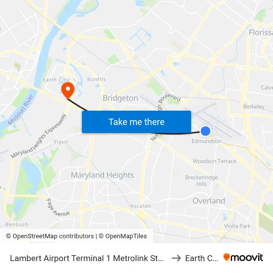 Lambert Airport Terminal 1 Metrolink Station to Earth City map