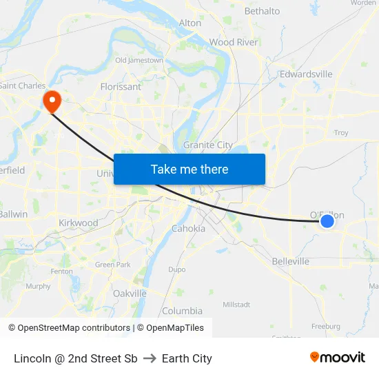 Lincoln @ 2nd Street Sb to Earth City map