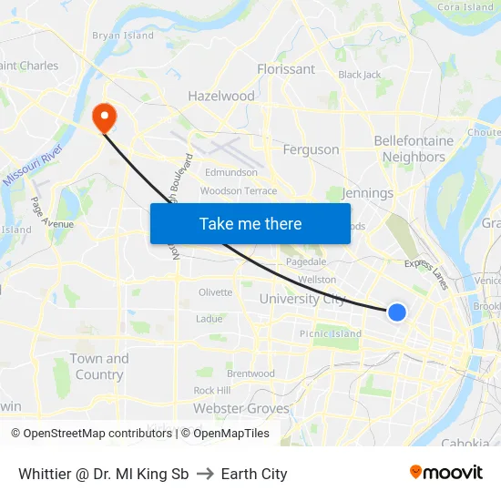 Whittier @ Dr. Ml King Sb to Earth City map