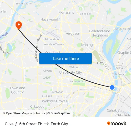 Olive @ 6th Street Eb to Earth City map