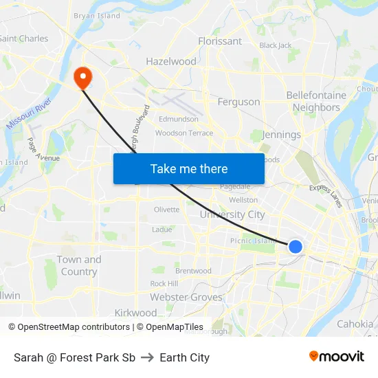 Sarah @ Forest Park Sb to Earth City map