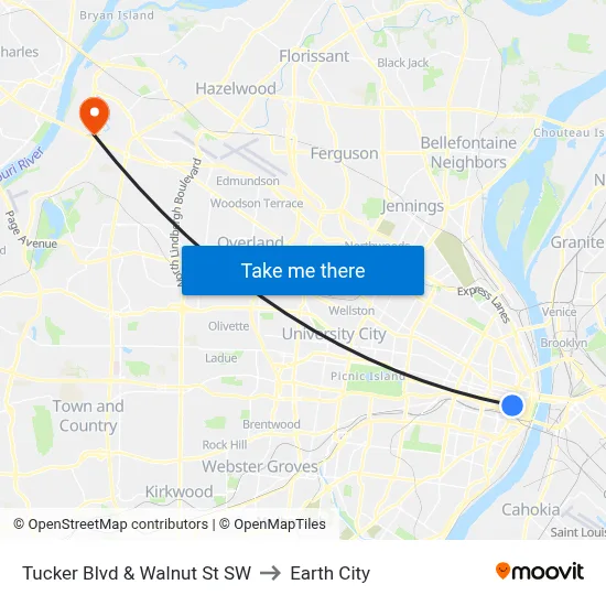 Tucker Blvd & Walnut St SW to Earth City map