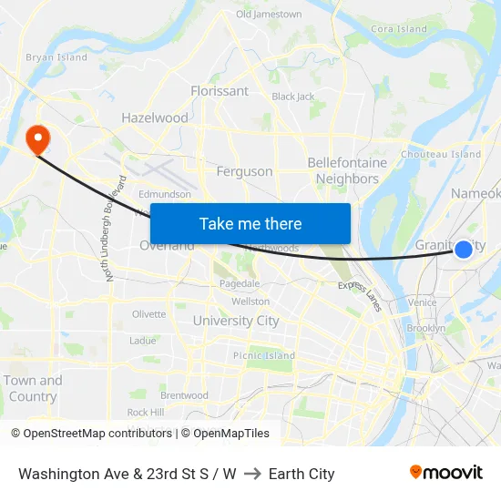 Washington Ave & 23rd St S / W to Earth City map