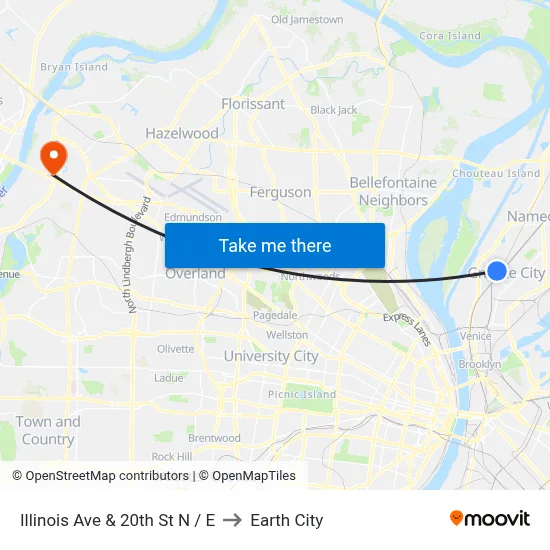 Illinois Ave & 20th St NE to Earth City map