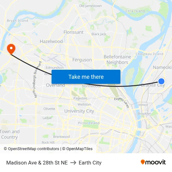 Madison Ave & 28th St NE to Earth City map