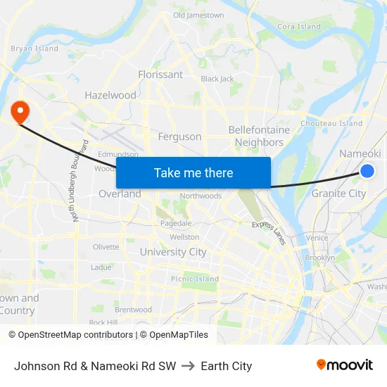 Johnson Rd & Nameoki Rd SW to Earth City map