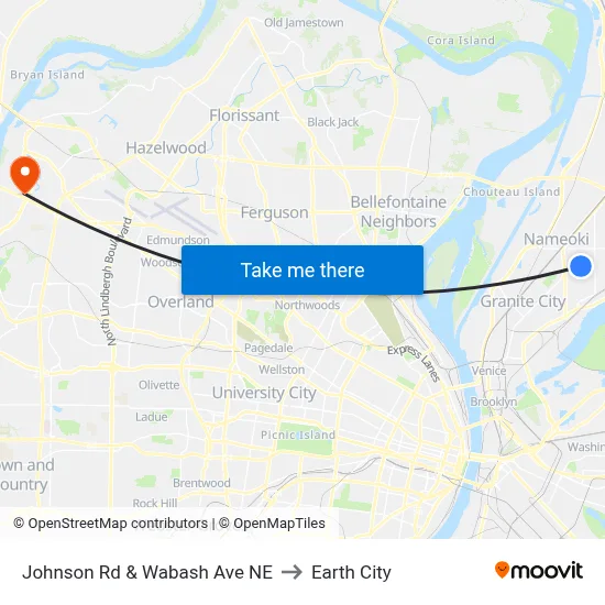 Johnson Rd & Wabash Ave NE to Earth City map