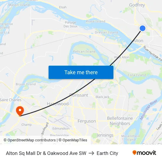 Alton Sq Mall Dr & Oakwood Ave SW to Earth City map