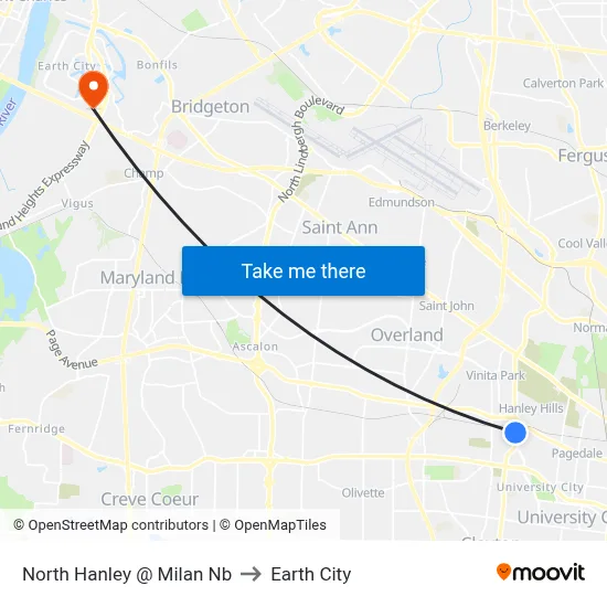 North Hanley @ Milan Nb to Earth City map