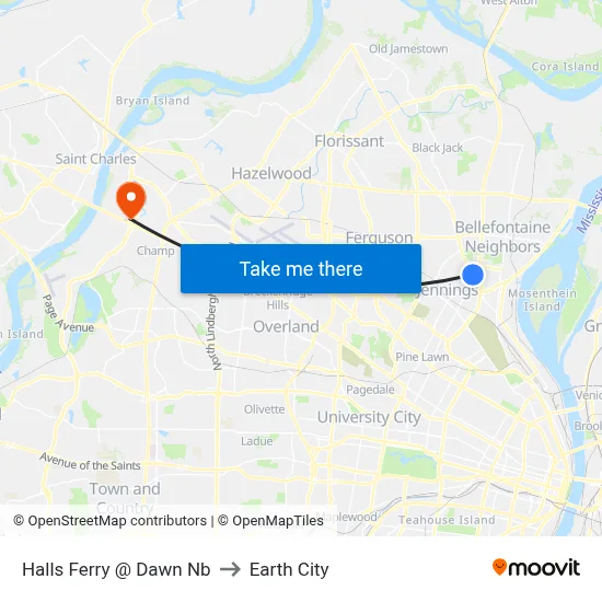 Halls Ferry @ Dawn Nb to Earth City map
