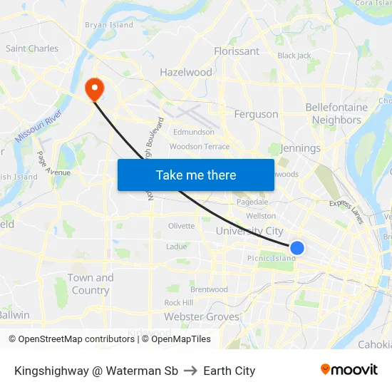 Kingshighway @ Waterman Sb to Earth City map