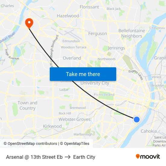Arsenal @ 13th Street Eb to Earth City map