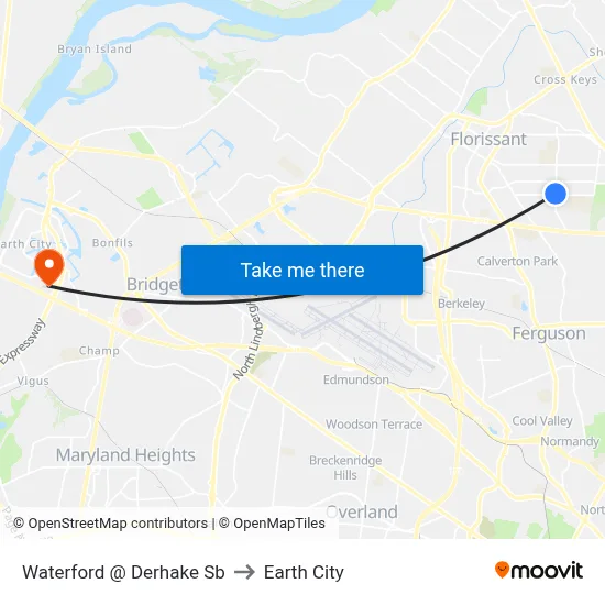Waterford @ Derhake Sb to Earth City map