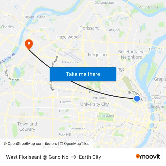 West Florissant @ Gano Nb to Earth City map