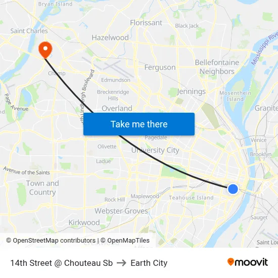 14th Street @ Chouteau Sb to Earth City map