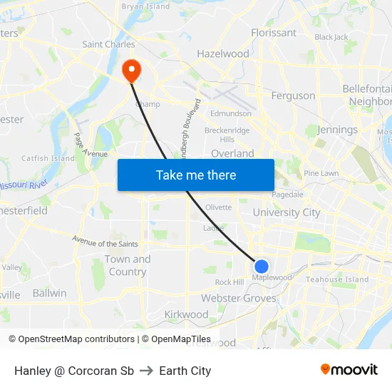 Hanley @ Corcoran Sb to Earth City map