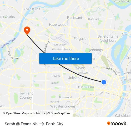 Sarah @ Evans Nb to Earth City map