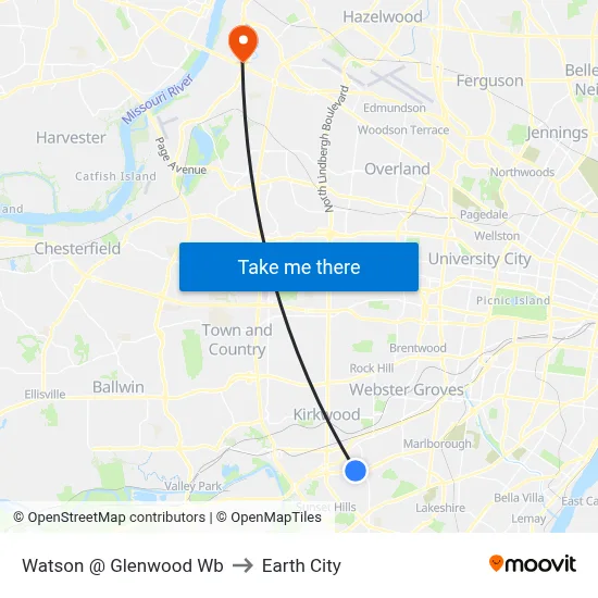 Watson @ Glenwood Wb to Earth City map