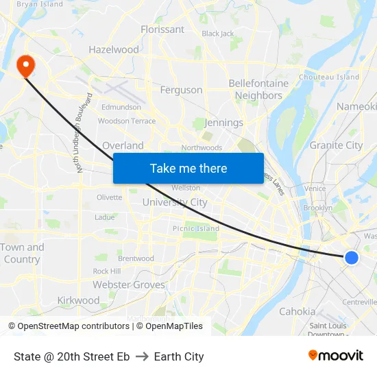 State @ 20th Street Eb to Earth City map