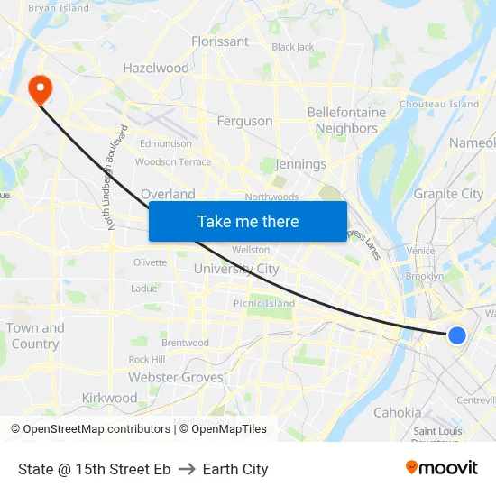 State @ 15th Street Eb to Earth City map