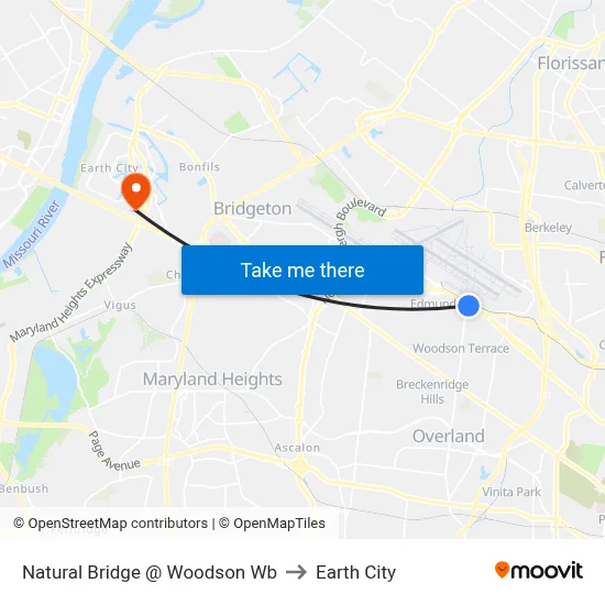 Natural Bridge @ Woodson Wb to Earth City map
