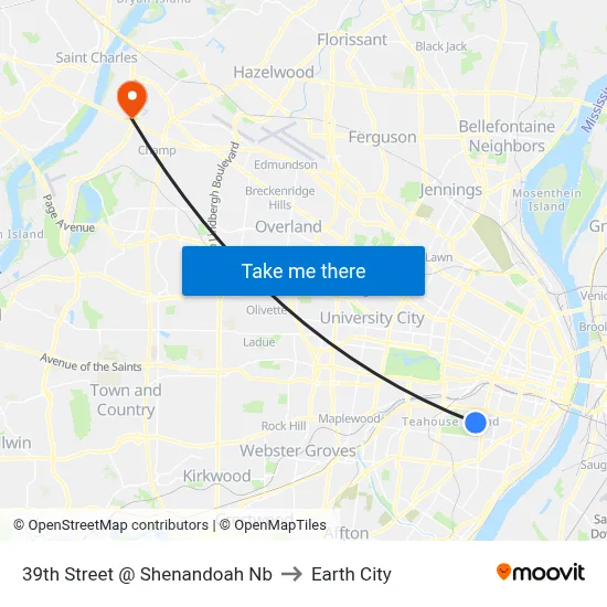 39th Street @ Shenandoah Nb to Earth City map