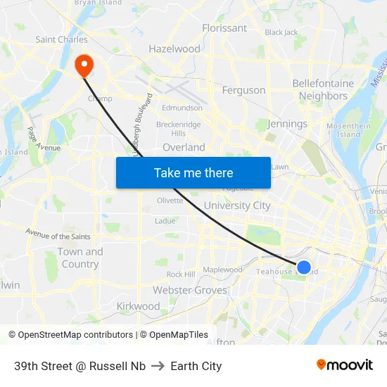 39th Street @ Russell Nb to Earth City map