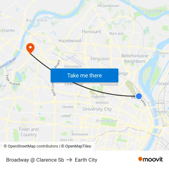 Broadway @ Clarence Sb to Earth City map